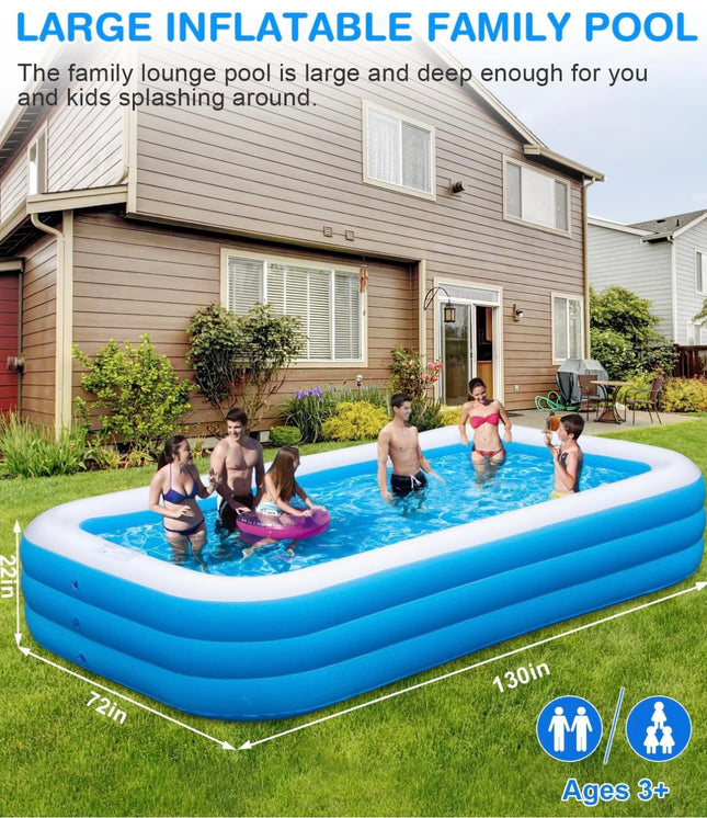 Large Inflatable Family Pool with Electric Pump, 120” x 72” x 22” (New White, New in Box, Box Open)