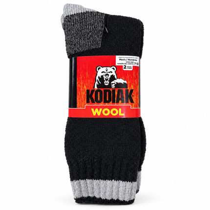 Kodiak Men’s Thermal Wool Blend Crew Socks – 2 Pairs, Black/Gray