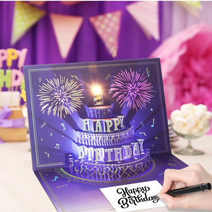 XTF2015 Happy Birthday Card, Lights & Music 3D Pop Up Fireworks Cake Card - New Open Box