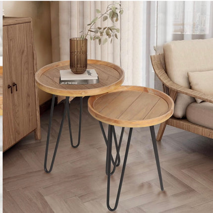 Oakrain Nesting Tables for Living Room, Round Coffee Tables Set of 2, Natural Wood - New Open Box