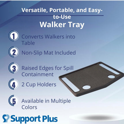 Support Plus Walker Tray Table - Mobility Table Tray for Walker with Non-Slip Mat and Cup Holders - New Open Box