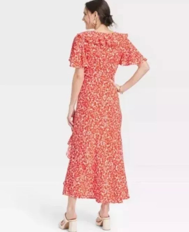 A New Day Red Floral Wrap Dress Size L - New