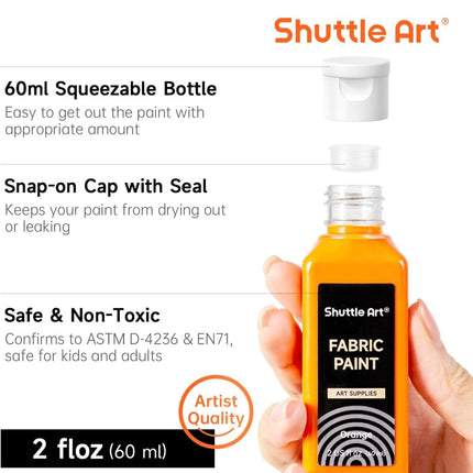 Shuttle Art Fabric Paint 18 Colors Permanent Soft Fabric Paint Set (60ml/2oz) with Brushes, Palette, Stencils, Open Box