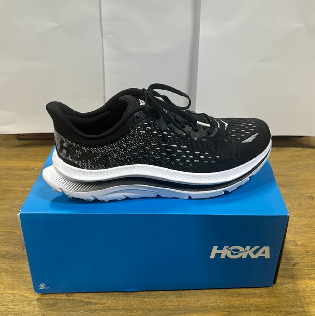 “Discounted Hoka One One Women’s Kawana Running Shoes in Size 8.5B, Blue/White color, shown with product label on the box.”