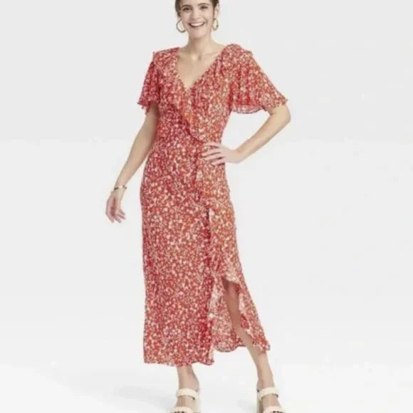 A New Day Red Floral Wrap Dress Size L - New