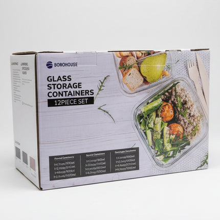 Borohouse 12-Pack Glass Containers with Tempered Lids - Oven Safe Meal Prep - Pink