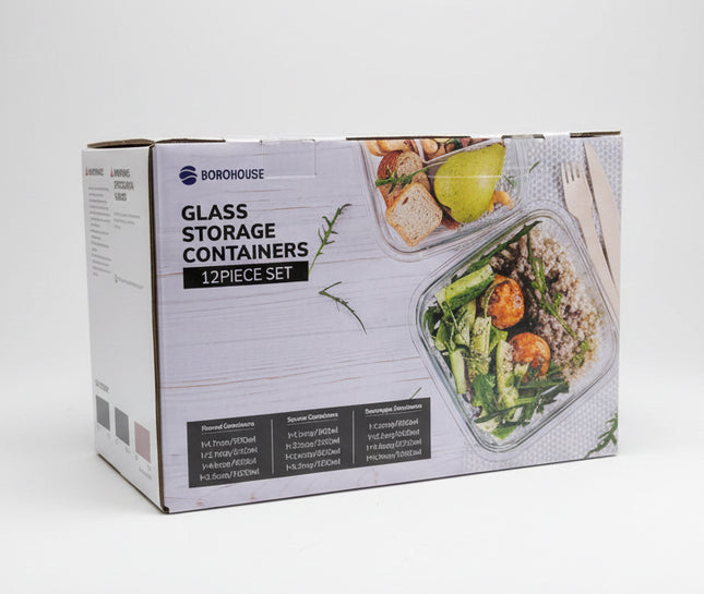 Borohouse 12-Pack Glass Containers with Tempered Lids - Oven Safe Meal Prep - Pink