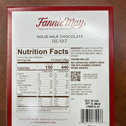 Fannie May Premium Solid Milk Chocolate Heart - 3 Oz Exp. 9/16/2026