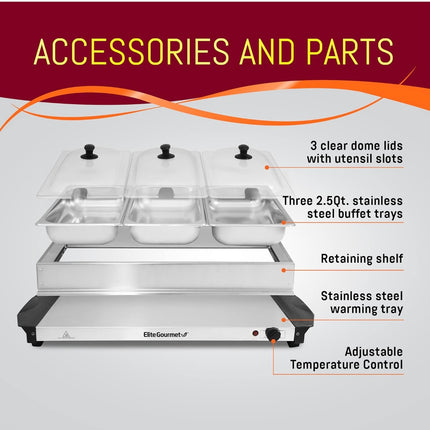 Elite Gourmet EWM-6171 Triple Buffet Server with 7.5 Qt Stainless Steel Trays, New Open Box