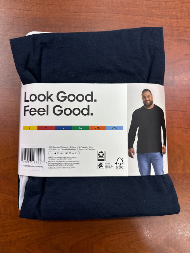 True Classic Crew Neck Long sleeves 3 Pack - Black/White/Navy - Size Large