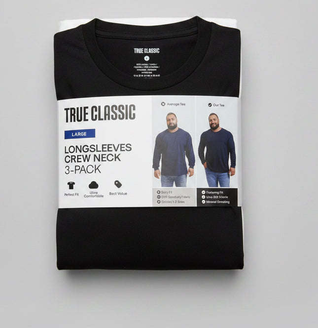 True Classic Crew Neck Long sleeves 3 Pack - Black/White/Navy - Size Large