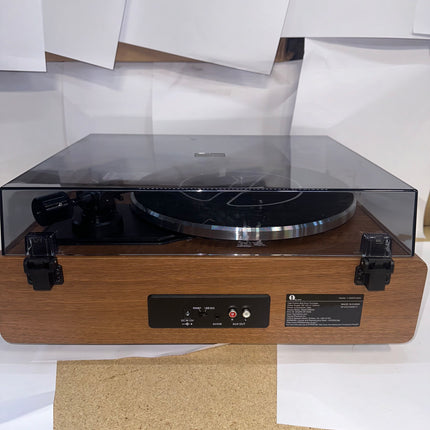 1 By One High Fidelity Premium Wood Finish Turntable with Built-In Speakers - Amazon Return, No Cables, Chipped On Back