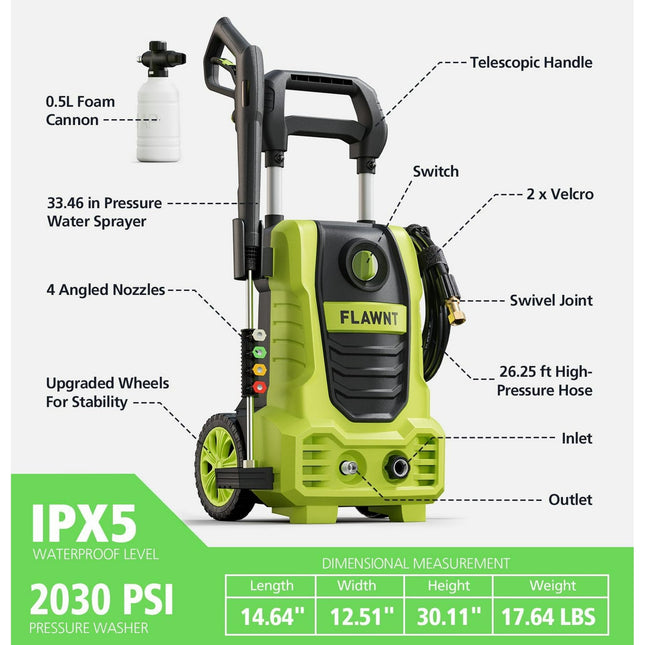 Electric Pressure Washer 2030 PSI with 26FT Hose & 4 Nozzles Green New