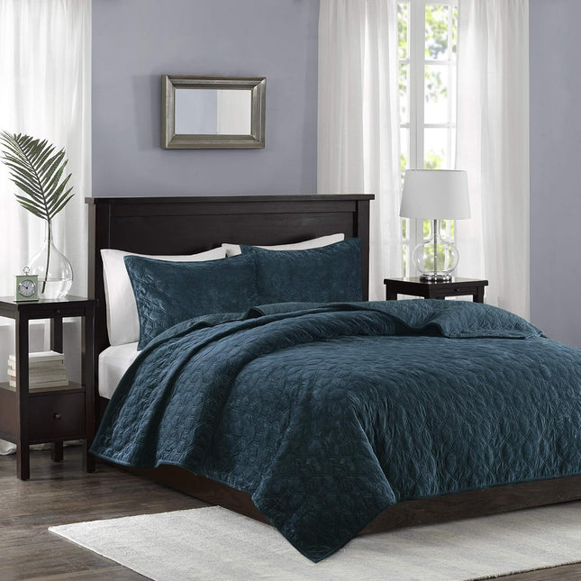 Estate Collection Velvet Quilt Set Full/Queen Geometric Stitch Design OPEN BOX