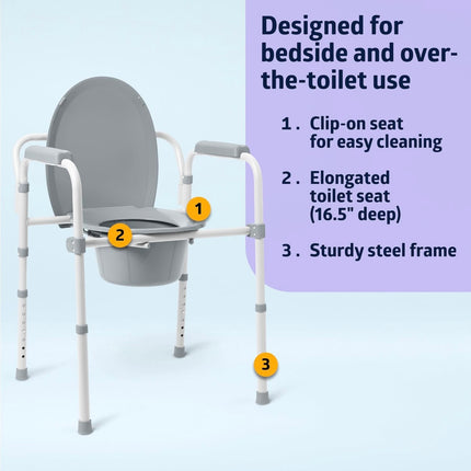 Medline 3-in-1 Steel Bedside Commode, Elongated Seat, Folding Frame, 350 lb. Capacity (Open Box)