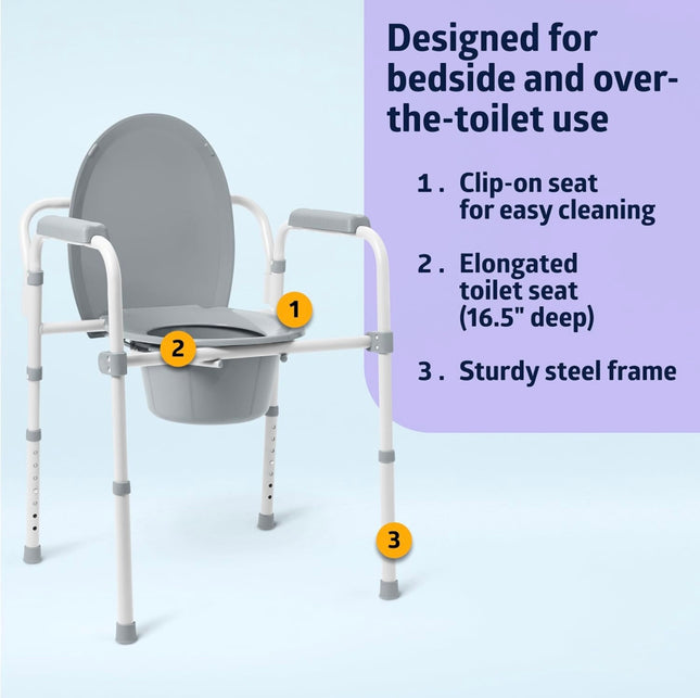 Medline 3-in-1 Steel Bedside Commode, Elongated Seat, Folding Frame, 350 lb. Capacity (Open Box)