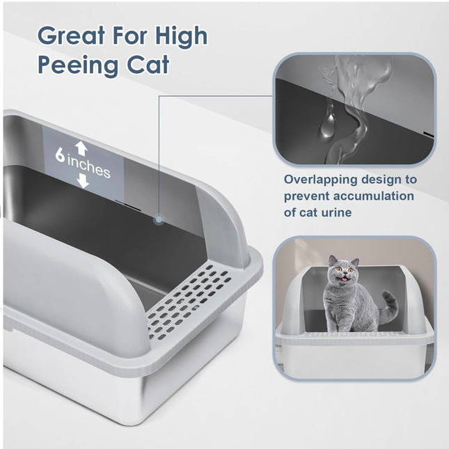 Suzzipaws XL Enclosed Stainless Steel Cat Litter Box with Lid, Light Grey & Silver, New Open Box