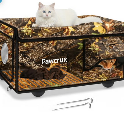 Heated Cat House for Outside with Dual Doors, Insulated Cat House Outdoor with Heating Pad, Weatherproof Heated Outdoor Cats Houses Weatherproof for Feral Cats (Leaf, 25.5" L x 16" W x 14" H)