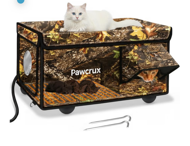 Heated Cat House for Outside with Dual Doors, Insulated Cat House Outdoor with Heating Pad, Weatherproof Heated Outdoor Cats Houses Weatherproof for Feral Cats (Leaf, 25.5" L x 16" W x 14" H)