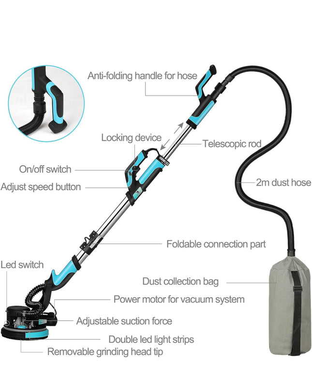 AYA-TECH Drywall Sander with Vacuum, 750W, 6.5A, 7 Variable Speed, 26FT Power Cable, 14 Pcs Sanding Discs - Open Box