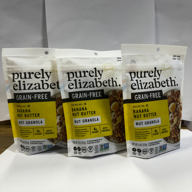 Purely Elizabeth Banana Nut Butter Granola, grain-free, keto-friendly, 8 oz, 3-pack, healthy snack option.