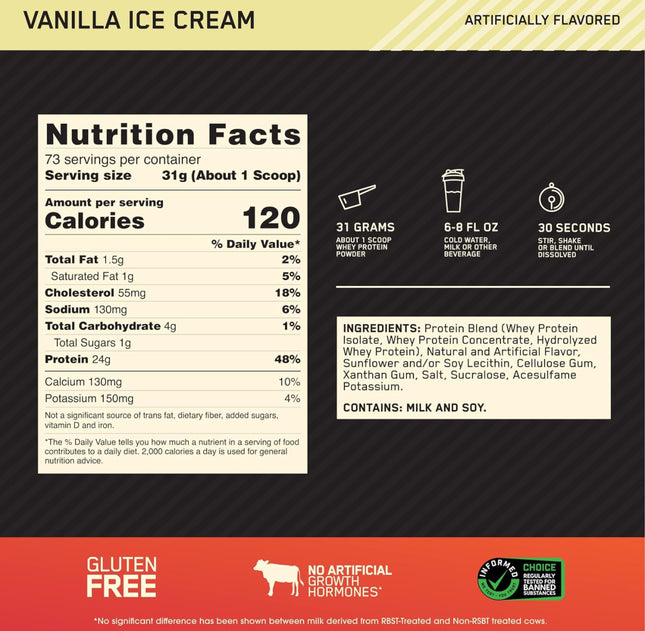 Optimum Nutrition Gold Standard 100% Whey Protein Powder Vanilla Ice Cream 5lb, Exp. 01/2026