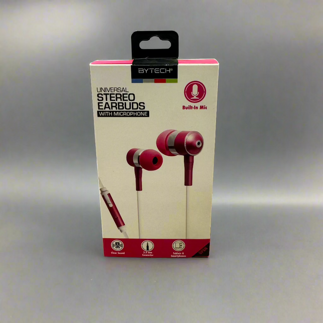 Bytech Universal Stereo Earbuds with Microphone, clear sound, 3.5 mm connector, compatible with tablets and smartphones, pink color.