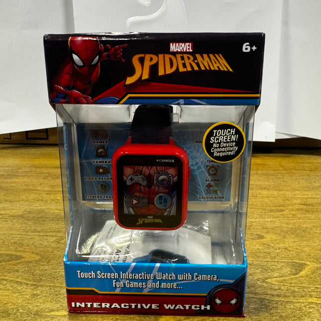 Spider-Man Smartwatch in packaging, featuring touch screen, games, and multiple functions.