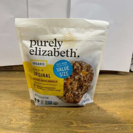 Purely Elizabeth Organic Ancient Grain Granola in 18 oz value size pack, featuring original recipe No. 1, made with regenerative coconut oil and coconut sugar, gluten-free and non-GMO, expiring 03/2025. Perfect for health-conscious consumers looking for a delicious, nutritious snack.