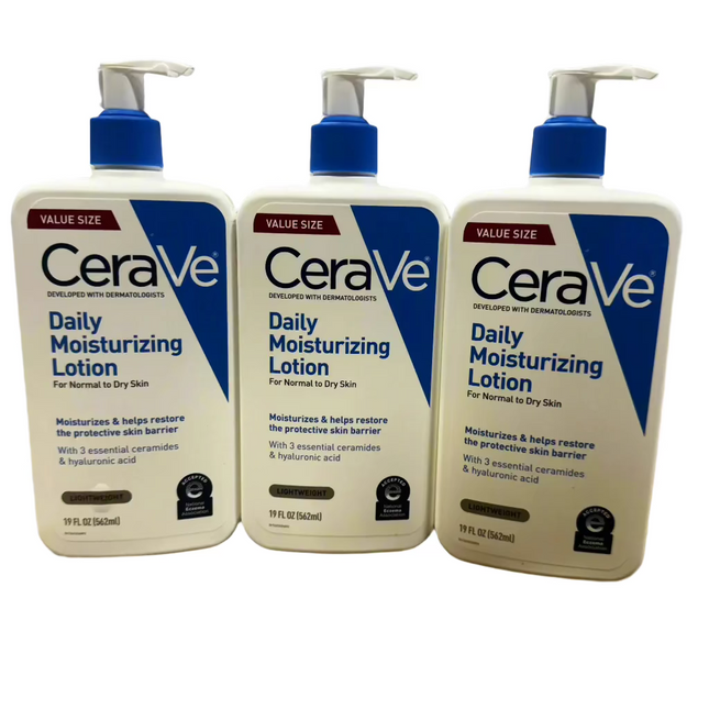 Three bottles of CeraVe Daily Moisturizing Lotion, value size, each 19 fl oz, for normal to dry skin.
