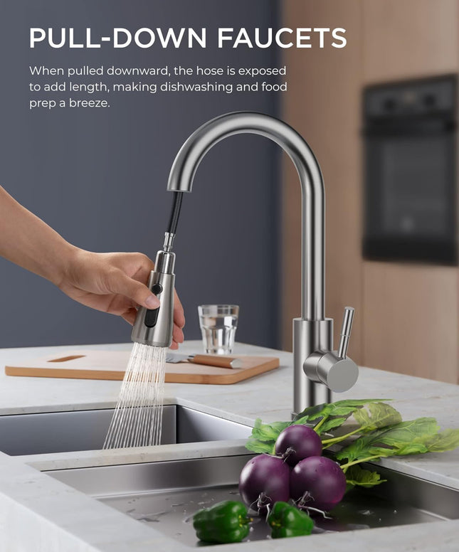 FORIOUS Kitchen Faucet - Open Box, Brushed Nickel with Pull Down Sprayer, High Arc Single Handle,