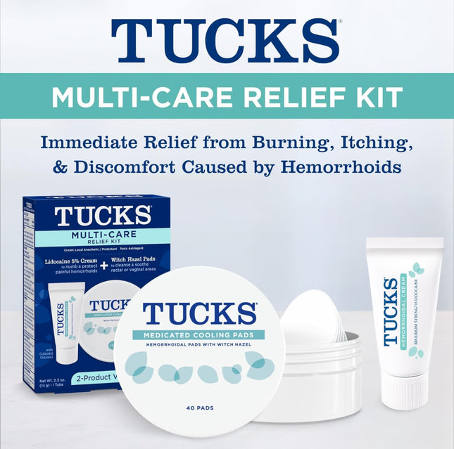 Tucks Multi-Care Relief Kit Witch Hazel Pads - Hemorrhoid Treatment and Relief, 40ct & Lidocaine Cream - 0.5oz