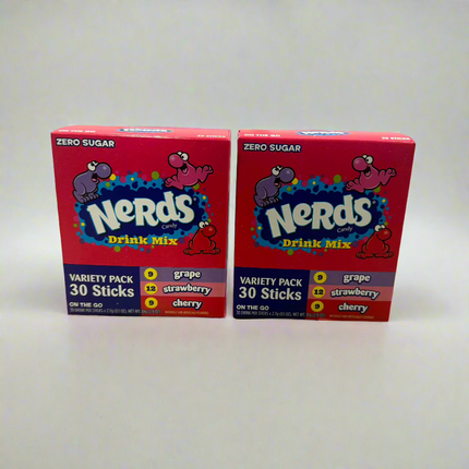 Nerds Candy Drink Mix 2-pack, variety pack with 30 sticks each. Flavors: grape, strawberry, and cherry. Zero sugar, perfect for on-the-go hydration. 
