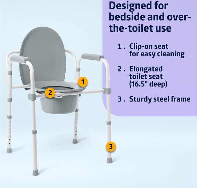 Medline 3-in-1 Steel Bedside Commode - Open Box, Elongated Seat, 350 lb Weight Capacity