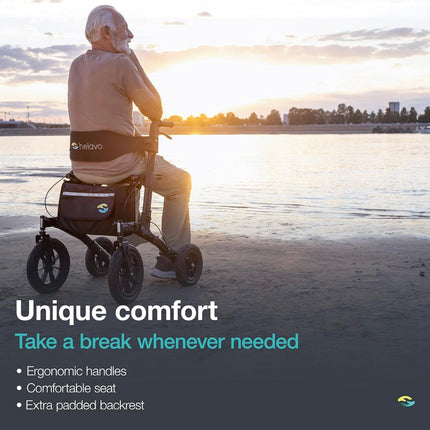 Helavo All Terrain Walker with Pneumatic Tires, Foldable Outdoor Walker for Seniors with Seat, Black - Open Box