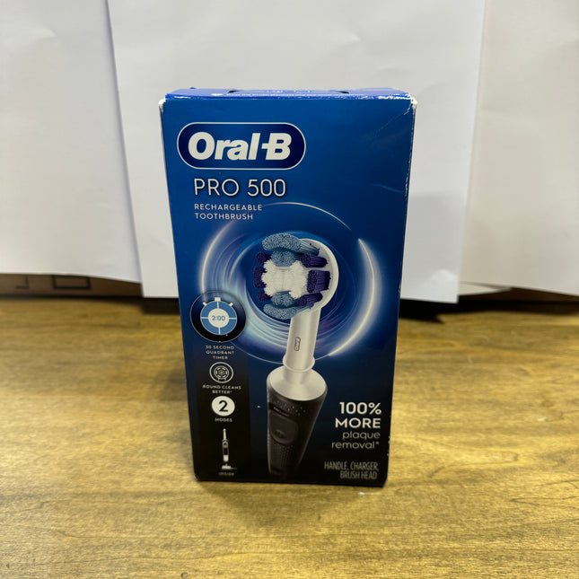 Oral-B Pro 500 Rechargeable Toothbrush, open box, 2 brushing modes, round brush head, 2-minute timer, effective dental care.