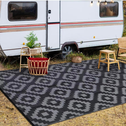 GAOMON 6x9 Outdoor Plastic Straw Rug in diamond black and grey, reversible, waterproof, durable, and foldable.”