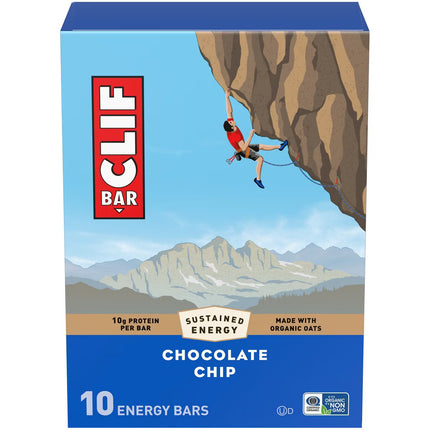 10CT Clif Bar Chocolate Chip Energy Bars featuring organic oats and 10g of plant-based protein per bar (Mar 12, 2027)