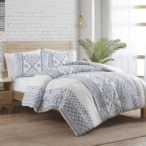 VCNY 3-Piece King Denim Geometric Striped Comforter Set, New, King Size