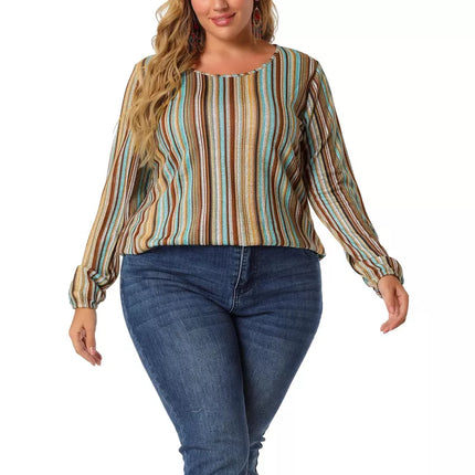 Women's Plus Size Colorful Elastic Cuff Crew Neck Long Sleeve Stripe Blouse - Agnes Orinda, New - Size 2XL