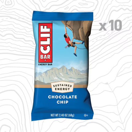 10CT Clif Bar Chocolate Chip Energy Bars featuring organic oats and 10g of plant-based protein per bar (Mar 12, 2027)