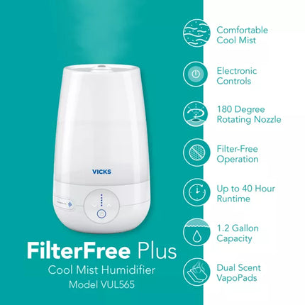 Vicks Filter-Free Plus Cool Mist Ultrasonic Humidifier 1.2 Gal – Open Box