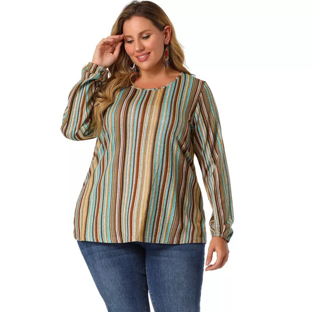 Women's Plus Size Colorful Elastic Cuff Crew Neck Long Sleeve Stripe Blouse - Agnes Orinda, New - Size 2XL