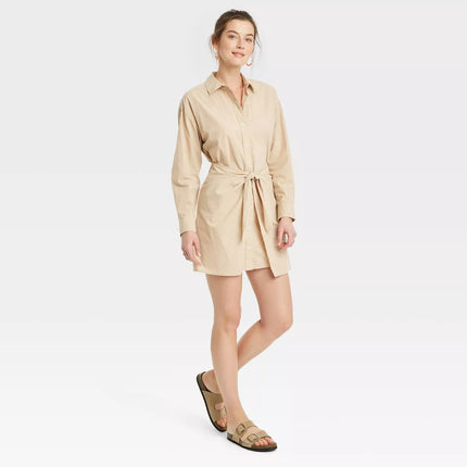 Women's Long Sleeve Tie-Front Mini Shirtdress - Universal Thread™, New - Tan