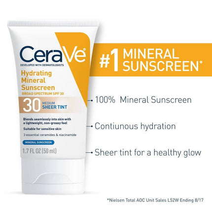 CeraVe Hydrating Mineral Tinted Face Sunscreen Lotion SPF 30 1.7 fl oz New