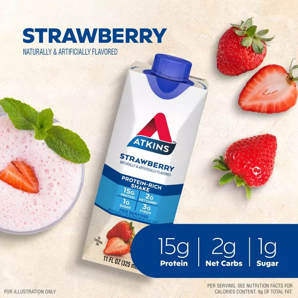 Atkins Ready-to-Drink Strawberry Shake - 4 Pack, 11oz Each, Exp. 08/10/2025, New