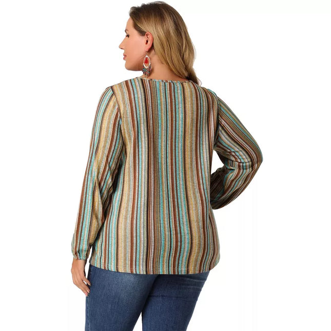 Women's Plus Size Colorful Elastic Cuff Crew Neck Long Sleeve Stripe Blouse - Agnes Orinda, New - Size 2XL