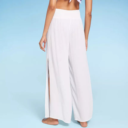 Women's Smocked Waist Side Slit Cover Up Pants - Shade & Shore™, New - White, Size L (12-14)