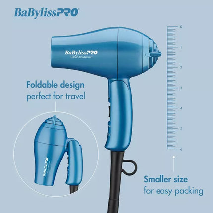 BaBylissPRO Nano Titanium Travel Hair Dryer - Blue, 1000W (New)