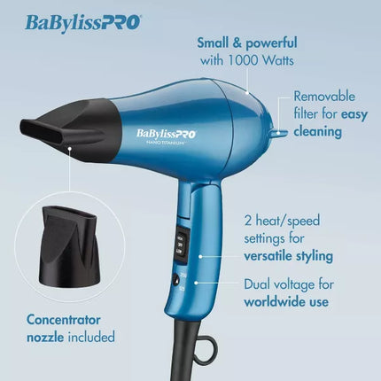 BaBylissPRO Nano Titanium Travel Hair Dryer - Blue, 1000W (New)